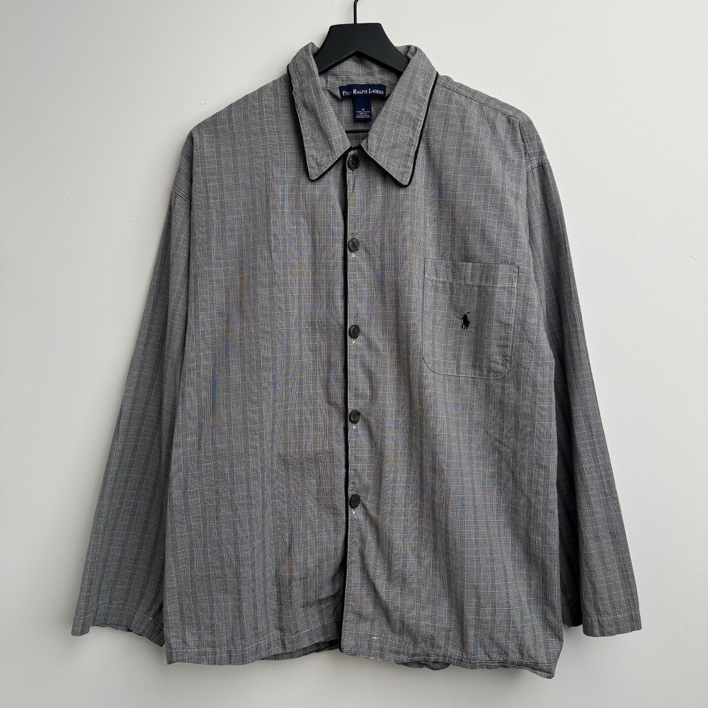 VTG Polo Ralph Lauren Shirt Mens M Gray Pajama Glen Plaid Prince of Wales Cotton